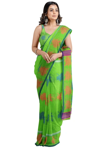 Woven Green Cotton Silk Handloom Jamdani Weave Santipuri Saree with Blouse Piece-green-Sari-Cotton Silk-One Size-Adult-Female-2