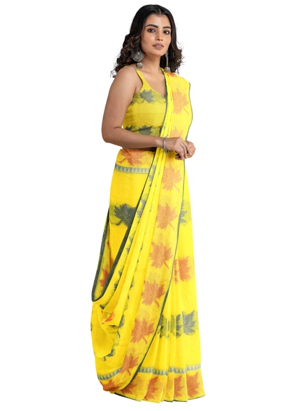 Woven Yellow Cotton Silk Handloom Jamdani Weave Santipuri Saree with Blouse Piece-yellow-Sari-Cotton Silk-One Size-Adult-Female-2