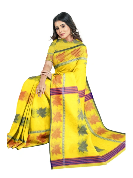 Woven Yellow Cotton Silk Handloom Jamdani Weave Santipuri Saree with Blouse Piece-yellow-Sari-Cotton Silk-One Size-Adult-Female-3