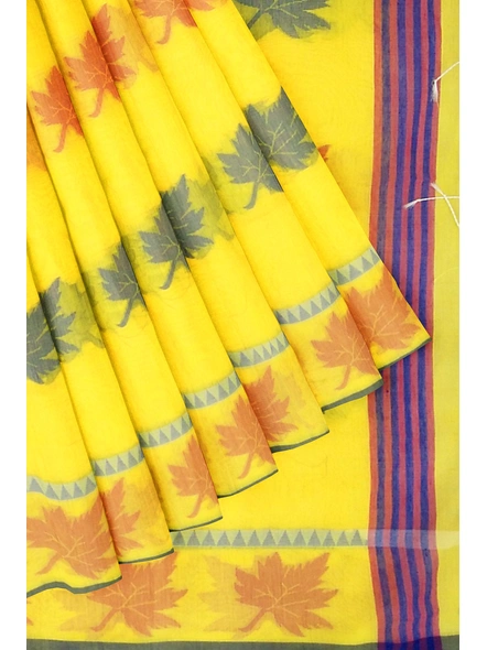 Woven Yellow Cotton Silk Handloom Jamdani Weave Santipuri Saree with Blouse Piece-yellow-Sari-Cotton Silk-One Size-Adult-Female-4