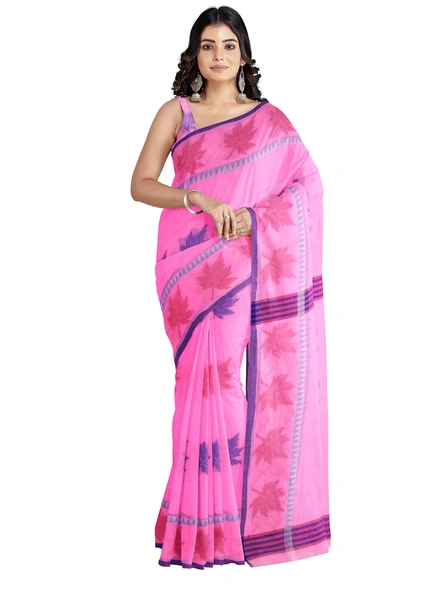 Woven Pink Cotton Silk Handloom Jamdani Weave Santipuri Saree with Blouse Piece-AS-200BC222