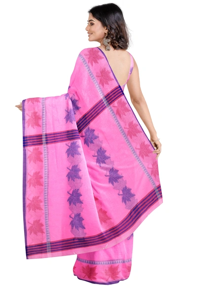 Woven Pink Cotton Silk Handloom Jamdani Weave Santipuri Saree with Blouse Piece-pink-Sari-Cotton Silk-One Size-Adult-Female-1