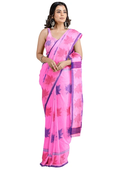 Woven Pink Cotton Silk Handloom Jamdani Weave Santipuri Saree with Blouse Piece-pink-Sari-Cotton Silk-One Size-Adult-Female-2