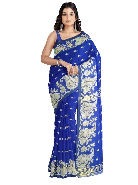 Woven Royal Blue Cotton Silk Handloom Jamdani Weave Santipuri Saree with Blouse Piece-AS-200BC224