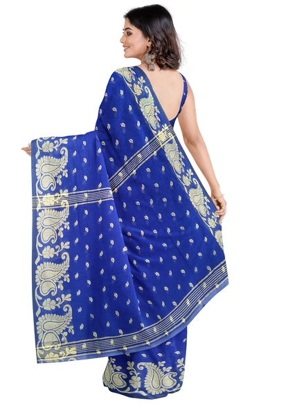 Woven Royal Blue Cotton Silk Handloom Jamdani Weave Santipuri Saree with Blouse Piece-blue-Sari-Cotton Silk-One Size-Adult-Female-1