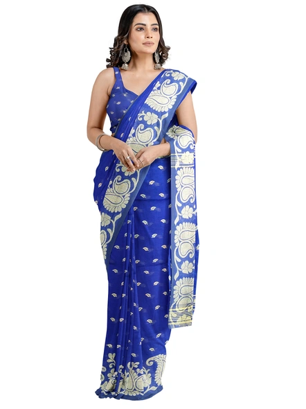 Woven Royal Blue Cotton Silk Handloom Jamdani Weave Santipuri Saree with Blouse Piece-blue-Sari-Cotton Silk-One Size-Adult-Female-2