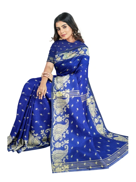 Woven Royal Blue Cotton Silk Handloom Jamdani Weave Santipuri Saree with Blouse Piece-blue-Sari-Cotton Silk-One Size-Adult-Female-3