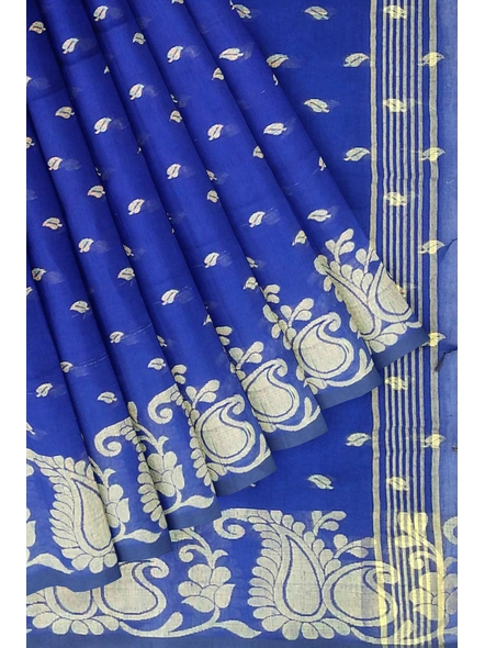 Woven Royal Blue Cotton Silk Handloom Jamdani Weave Santipuri Saree with Blouse Piece-blue-Sari-Cotton Silk-One Size-Adult-Female-4