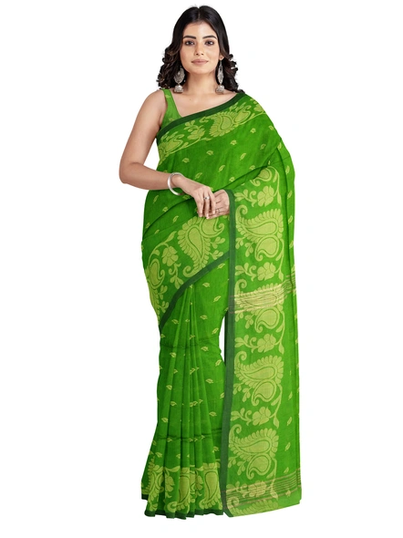Woven Green Cotton Silk Handloom Jamdani Weave Santipuri Saree with Blouse Piece-AS-200BC226
