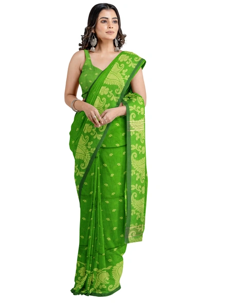 Woven Green Cotton Silk Handloom Jamdani Weave Santipuri Saree with Blouse Piece-green-Sari-Cotton Silk-One Size-Adult-Female-2