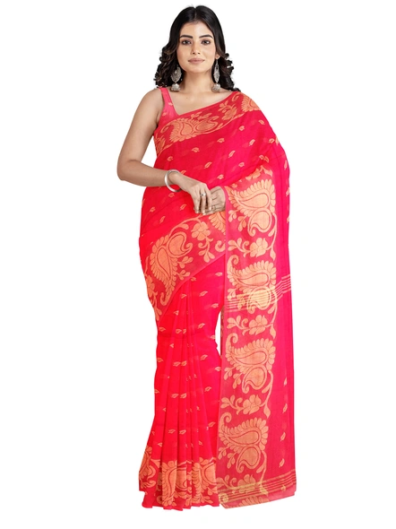 Woven Red Cotton Silk Handloom Jamdani Weave Santipuri Saree with Blouse Piece-AS-200BC227