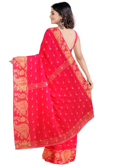 Woven Red Cotton Silk Handloom Jamdani Weave Santipuri Saree with Blouse Piece-red-Sari-Cotton Silk-One Size-Adult-Female-1