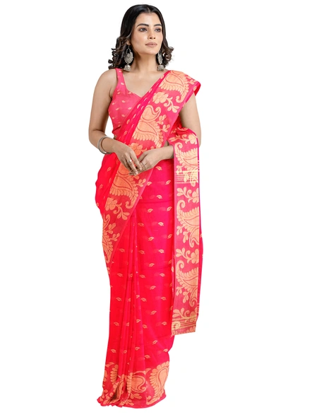 Woven Red Cotton Silk Handloom Jamdani Weave Santipuri Saree with Blouse Piece-red-Sari-Cotton Silk-One Size-Adult-Female-2