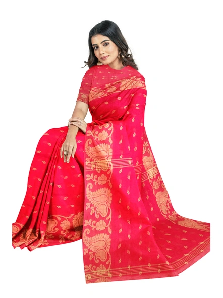 Woven Red Cotton Silk Handloom Jamdani Weave Santipuri Saree with Blouse Piece-red-Sari-Cotton Silk-One Size-Adult-Female-3
