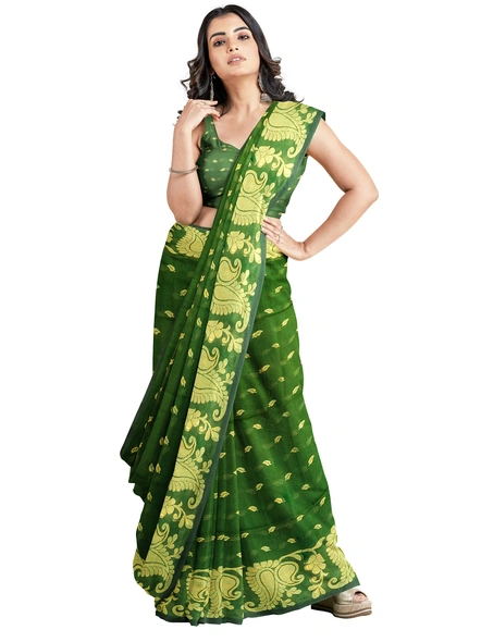 Woven Dark Green Cotton Silk Handloom Jamdani Weave Santipuri Saree with Blouse Piece-AS-200BC228