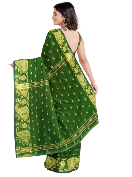 Woven Dark Green Cotton Silk Handloom Jamdani Weave Santipuri Saree with Blouse Piece-green-Sari-Cotton Silk-One Size-Adult-Female-1