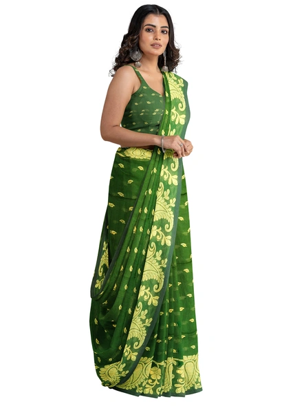 Woven Dark Green Cotton Silk Handloom Jamdani Weave Santipuri Saree with Blouse Piece-green-Sari-Cotton Silk-One Size-Adult-Female-2