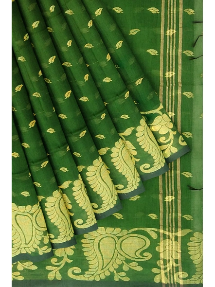 Woven Dark Green Cotton Silk Handloom Jamdani Weave Santipuri Saree with Blouse Piece-green-Sari-Cotton Silk-One Size-Adult-Female-4