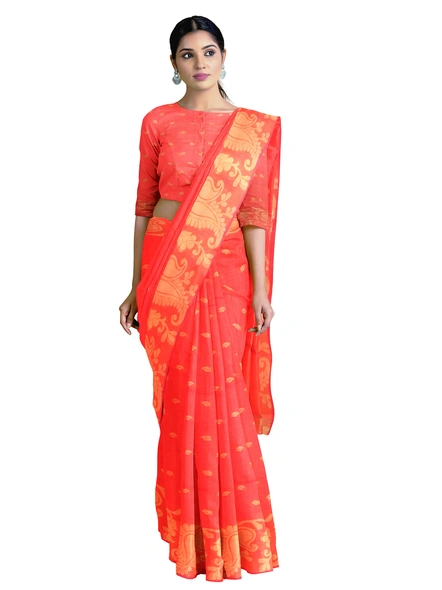Woven Orange Cotton Silk Handloom Jamdani Weave Santipuri Saree with Blouse Piece-AS-200BC231