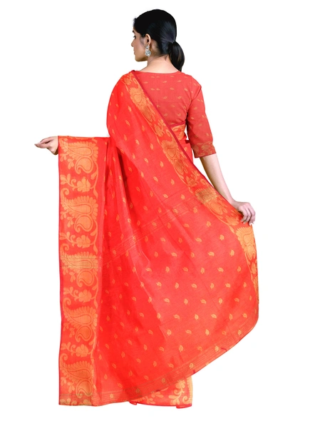 Woven Orange Cotton Silk Handloom Jamdani Weave Santipuri Saree with Blouse Piece-orange-Sari-Cotton Silk-One Size-Adult-Female-1