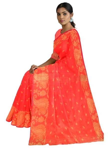 Woven Orange Cotton Silk Handloom Jamdani Weave Santipuri Saree with Blouse Piece-orange-Sari-Cotton Silk-One Size-Adult-Female-2