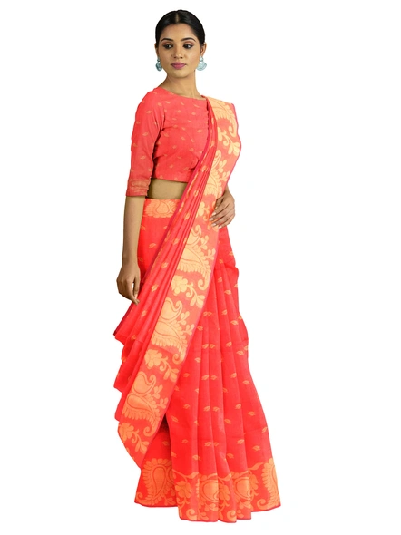 Woven Orange Cotton Silk Handloom Jamdani Weave Santipuri Saree with Blouse Piece-orange-Sari-Cotton Silk-One Size-Adult-Female-3
