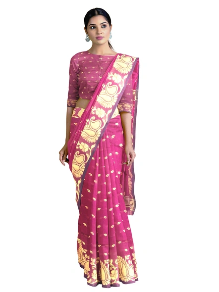 Woven Magenta Cotton Silk Handloom Jamdani Weave Santipuri Saree with Blouse Piece-AS-200BC232