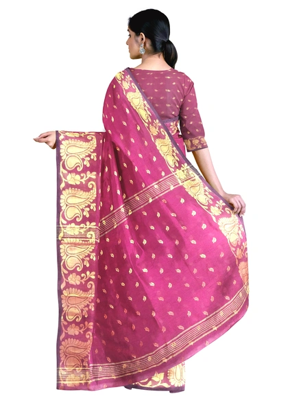 Woven Magenta Cotton Silk Handloom Jamdani Weave Santipuri Saree with Blouse Piece-pink-Sari-Cotton Silk-One Size-Adult-Female-1