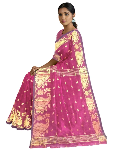 Woven Magenta Cotton Silk Handloom Jamdani Weave Santipuri Saree with Blouse Piece-pink-Sari-Cotton Silk-One Size-Adult-Female-2