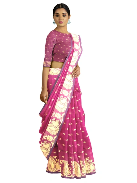 Woven Magenta Cotton Silk Handloom Jamdani Weave Santipuri Saree with Blouse Piece-pink-Sari-Cotton Silk-One Size-Adult-Female-3