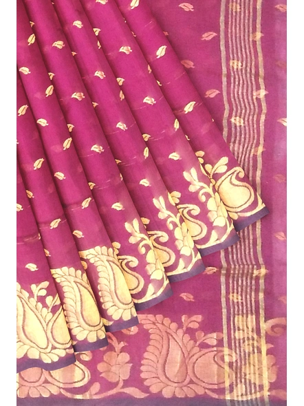 Woven Magenta Cotton Silk Handloom Jamdani Weave Santipuri Saree with Blouse Piece-pink-Sari-Cotton Silk-One Size-Adult-Female-4