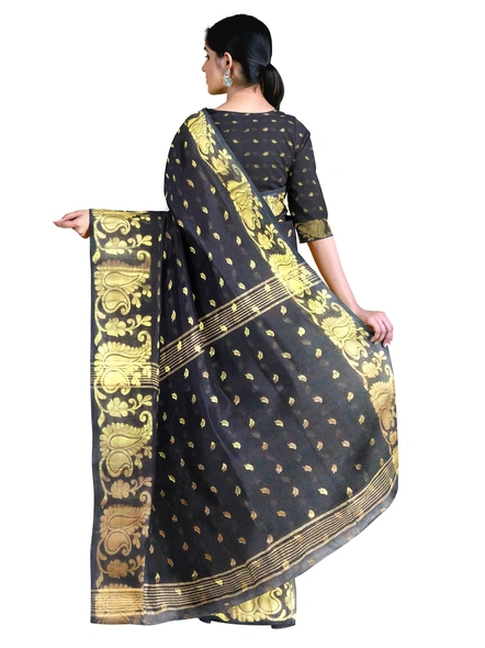 Woven Black Cotton Silk Handloom Jamdani Weave Santipuri Saree with Blouse Piece-black-Sari-Cotton Silk-One Size-Adult-Female-1