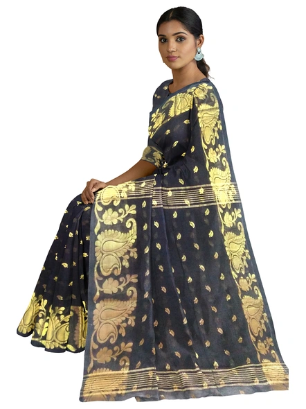 Woven Black Cotton Silk Handloom Jamdani Weave Santipuri Saree with Blouse Piece-black-Sari-Cotton Silk-One Size-Adult-Female-2