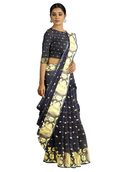 Woven Black Cotton Silk Handloom Jamdani Weave Santipuri Saree with Blouse Piece-black-Sari-Cotton Silk-One Size-Adult-Female-3