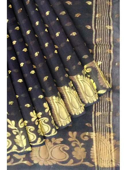 Woven Black Cotton Silk Handloom Jamdani Weave Santipuri Saree with Blouse Piece-black-Sari-Cotton Silk-One Size-Adult-Female-4