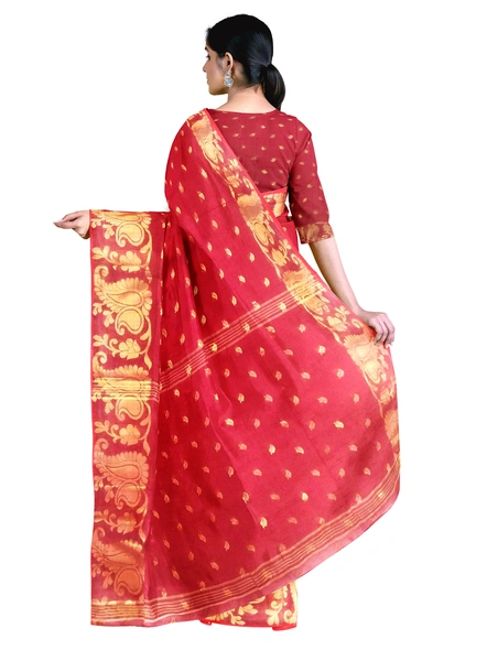 Woven Maroon Cotton Silk Handloom Jamdani Weave Santipuri Saree with Blouse Piece-maroon-Sari-Cotton Silk-One Size-Adult-Female-1