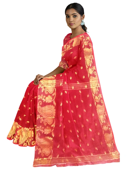 Woven Maroon Cotton Silk Handloom Jamdani Weave Santipuri Saree with Blouse Piece-maroon-Sari-Cotton Silk-One Size-Adult-Female-2
