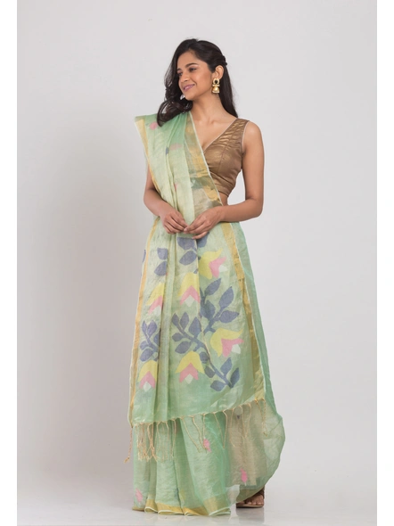 Light Green Handwoven Tussar Silk Jamdani Saree-green-Sari-Tassur-One Size-Adult-Female-2