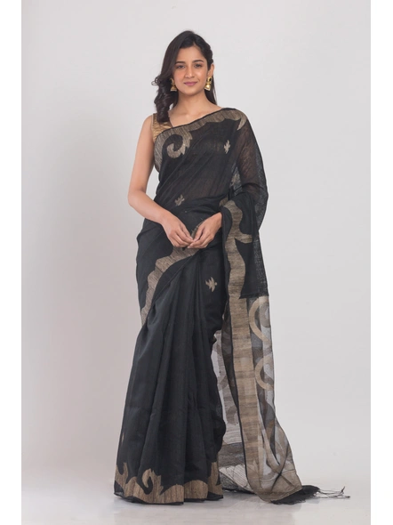 Black Handwoven Matka Silk Jamdani Saree-Black-Sari-Matka Silk-One Size-Adult-Female-3