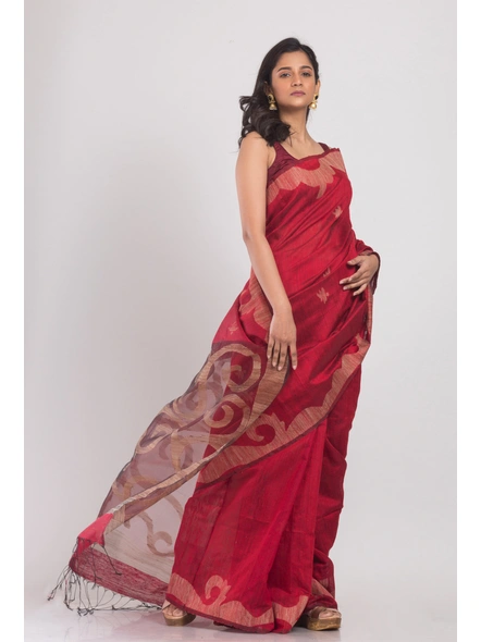 Red Handwoven Matka Silk Jamdani Saree-Red-Sari-Matka Silk-One Size-Adult-Female-2