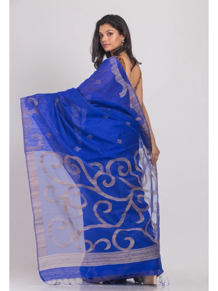 Dark Blue Handwoven Matka Silk Jamdani Saree-Blue-Sari-Matka Silk-One Size-Adult-Female-1