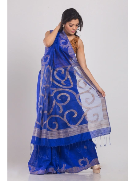 Dark Blue Handwoven Matka Silk Jamdani Saree-Blue-Sari-Matka Silk-One Size-Adult-Female-2