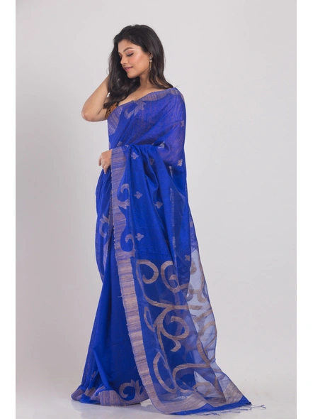 Dark Blue Handwoven Matka Silk Jamdani Saree-Blue-Sari-Matka Silk-One Size-Adult-Female-3