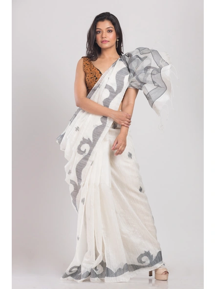 White Handwoven Matka Silk Jamdani Saree-White-Sari-Matka Silk-One Size-Adult-Female-2