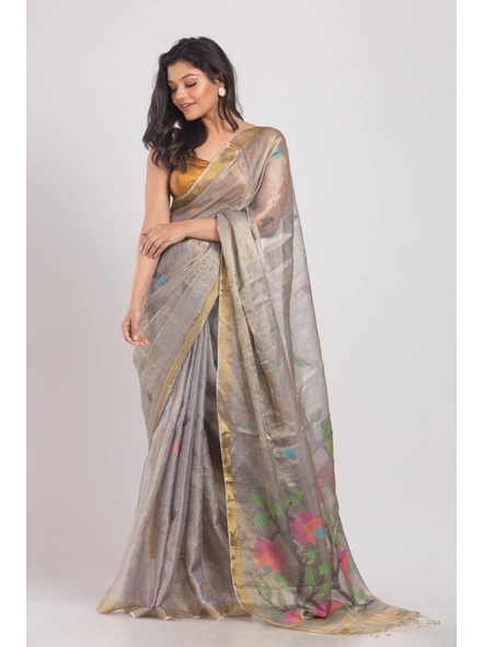 Silver Grey Handwoven Tussar Silk Jamdani Saree-Silver-Sari-Tassur-One Size-Adult-Female-2