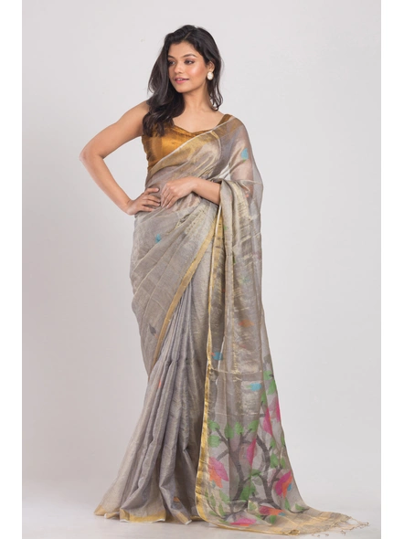 Silver Grey Handwoven Tussar Silk Jamdani Saree-Silver-Sari-Tassur-One Size-Adult-Female-3