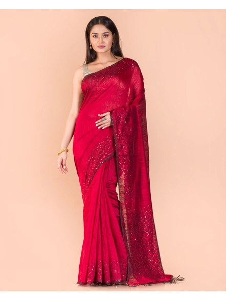 Red Sequins Handwoven Matka Silk Saree-AS-20MS0648