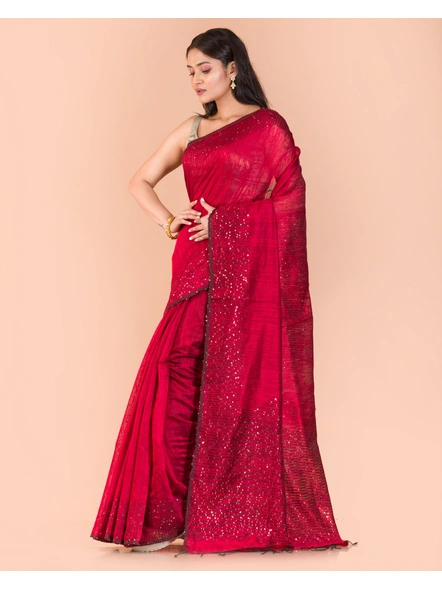 Red Sequins Handwoven Matka Silk Saree-Red-Sari-Matka Silk-One Size-Adult-Female-2