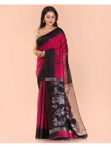Rose Red Black Handwoven Matka Resham Silk Shibori Jamdani Saree-Red-Sari-Matka Silk-One Size-Adult-Female-2