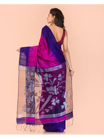 Rani Pink Blue Handwoven Matka Resham Silk Shibori Jamdani Saree-Pink-Sari-Matka Silk-One Size-Adult-Female-1